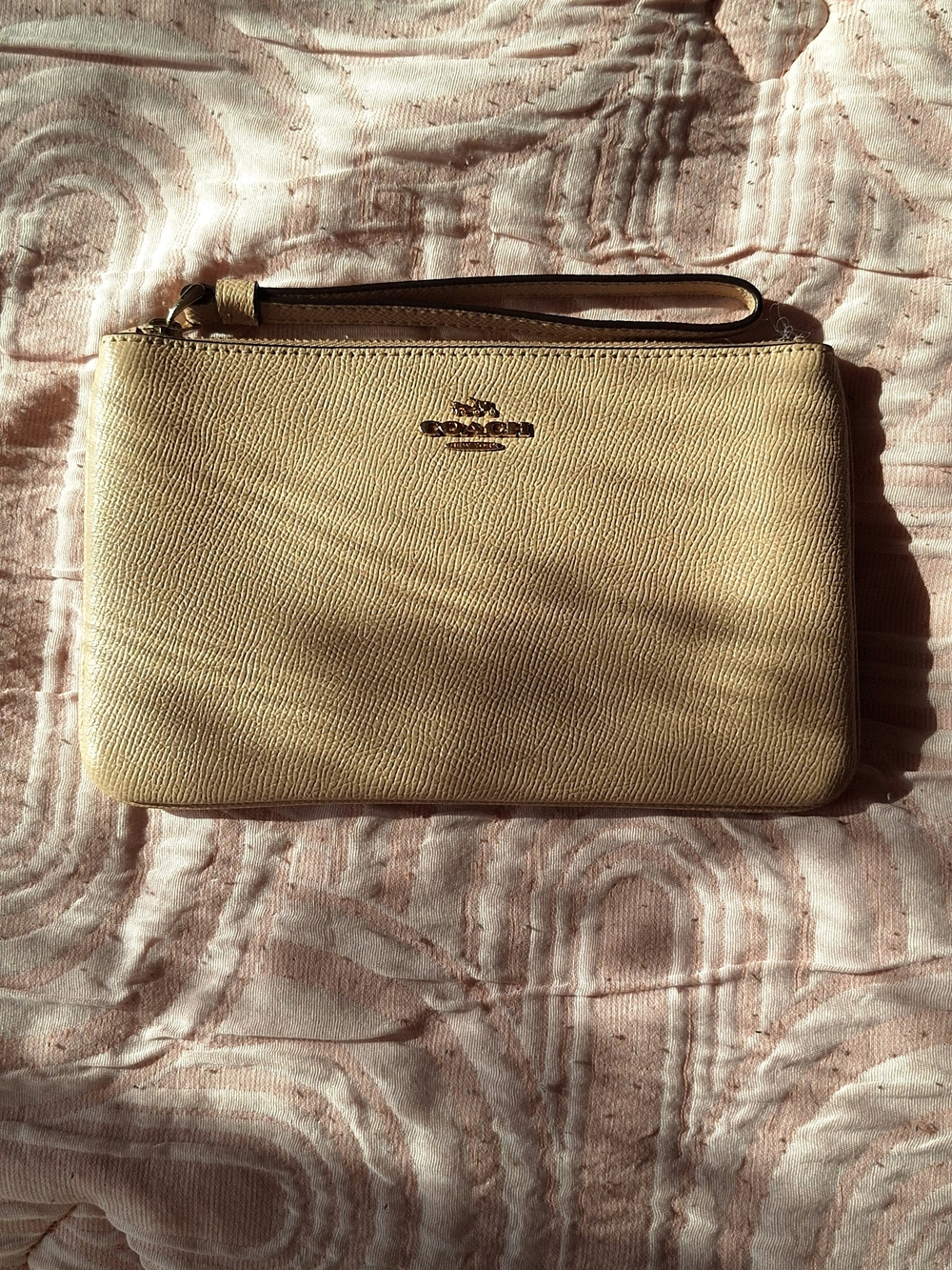Coach Pale Beige Leather Wristlet with Gold Logo
